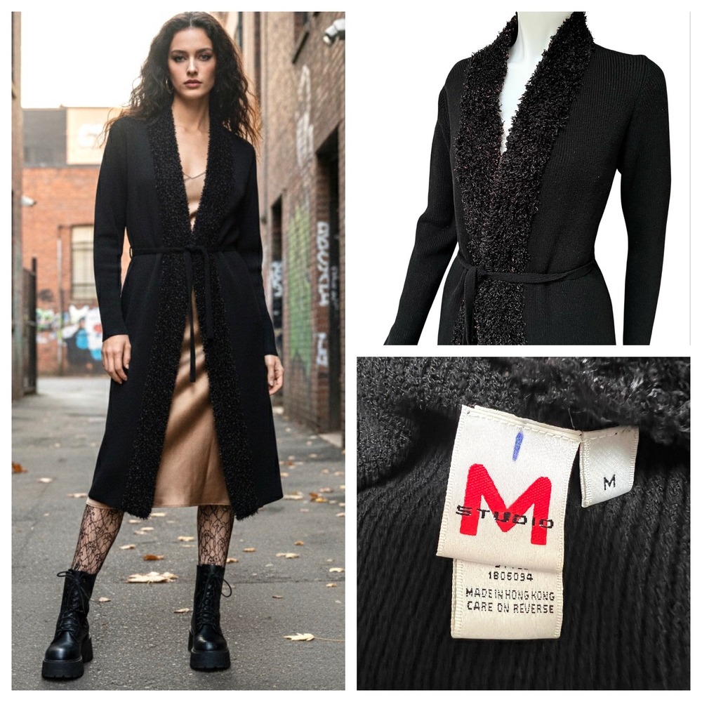 Penny Lane Black Duster‎ Cardigan Boucle Trim Knit Y2K Vtg M Shaggy Chick Grunge